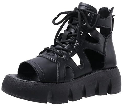 Sandalias góticas Plataforma Alta para Mujer,Sandalias cuña Cremallera Trasera con Cordones y Puntera Abierta Hueca Gladiador Sexy,Zapatos Playa Suaves y cómodos Estilo Romano,Negro,39 EU