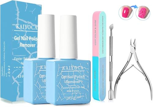2Pcs Gel Nail Polish Remover with Cuticle Pusher and Cuticle Nippers & File, Professional Acrylic Powder Nail Polish Remover in 3-5 Minutes, No Soaking or Wrapping(2 Pcs set)
