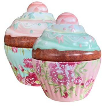 your castle Set of 2 Tin Boxes in the Shape of a Cup Cake Pink and Turquoise Sweet Decorated Lid with Flowers Dimensions 8 x 8 cm Volume: 120 ml