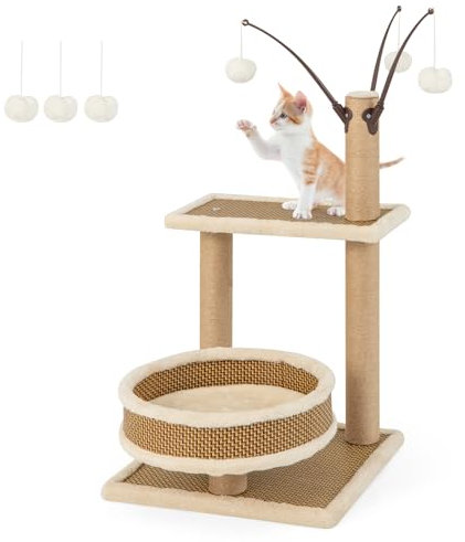 COSTWAY Kratzbaum Rattan, Katzenbaum Klein, Katzenkratzbaum mit Plattform & 3 Spielbällen & Kratzpfosten & Bett, Kletterzentrum Kletterbaum, Katzen Katzenmöbel, Braun (3-stöckig-40x40x80cm)