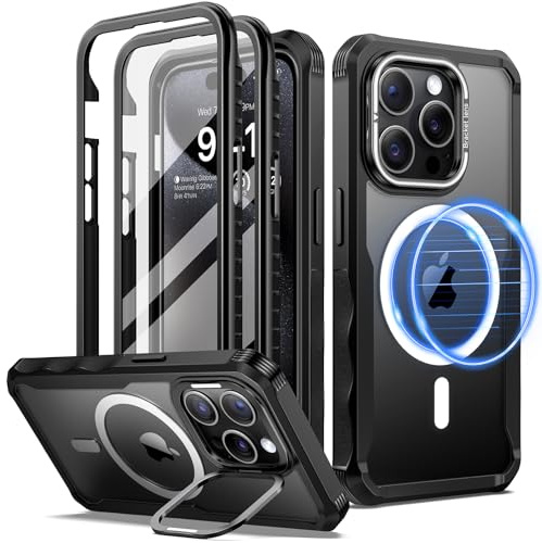 seacosmo per MagSafe Cover iPhone 15 Pro Max, con Supporto Fotocamera, 2 Cornici Anteriori Intercambiabili (Vetro Temperato Integrato + Bumper Rugged), Custodia 360 Gradi Antiurto con Cavalletto