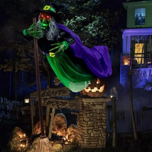 Halloween Hexe Fliegende Auf Besen, 180 cm Animatronic Flying Witch Mit Leuchtenden Augen Und Horror Sound, Witches Requisiten Für Deko Outdoor