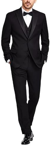 Adam Baker Men's 100% Wool Single Breasted Three Piece Peak Lapel Tuxedo - Black - 44L