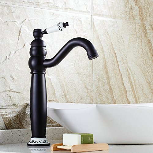 Bathroom Sink Tap, Single Handle Hole Bathroom Faucet with Ceramic Handle, Vintage Elegant Brass Faucet with 360 Rotate Spout (Black) YIGUANXIN