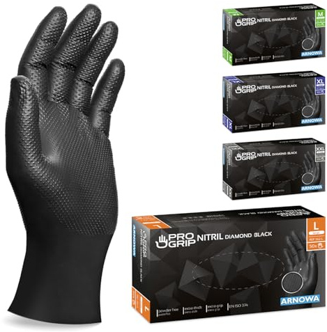 200x PROGRIP Einweghandschuhe Diamant Grip Schwarz, Nitrilhandschuhe L | Einmalhandschuhe Extra Stark, Handschuhe Einweg griffig, latexfreie Arbeitshandschuhe für Werkstatt & Montage M, L, XL, XXL