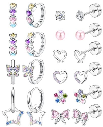 FIOROYAL 10Pairs Ohrringe für Damen Mädchen Kinder Hypoallergene Creolen Medizinische Ohrstecker Chirurgenstahl Ohrringe Set, Mehrfarbige Schleife Perlen Herz Blume CZ Schraubverschluss Ohrring