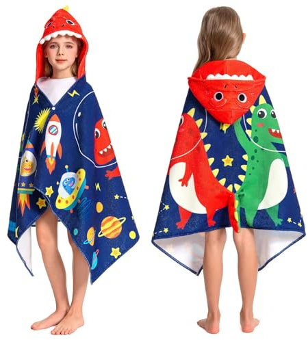 OLAOLA Badeponcho Kinder, Weich und Schnelltrocknendes Badetuch Poncho, Mikrofaser Handtuch mit Kapuze für Strand Schwimmen, Strandtuch für Mädchen Jungen 3-12 Jahre Alt (Weltraum Dinosaurier)