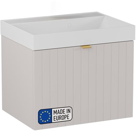 BadeDu Esla Waschbecken mit Unterschrank – 59 cm Breit, Gussmarmor Waschbecken in Weiß mit Waschbeckenunterschrank in Grau, 2 Schubladen mit Soft-Close-System