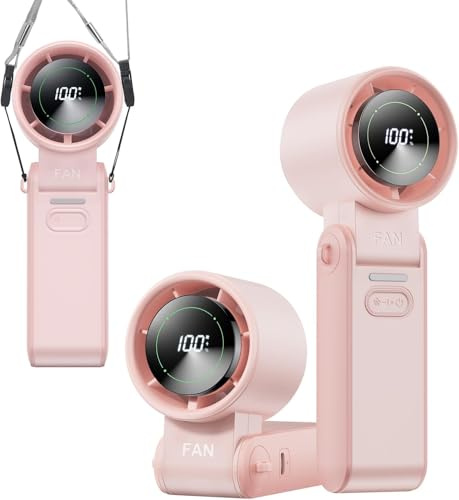 KIMMOO 3-in-1 Portable Handheld Turbo Fan-100 Speeds, 20000 RPM, 12Hrs Cooling, Digital Display, 120° Rotation, USB Rechargeable Mini Hand Held Personal Fan for Travel, Makeup, Outdoor, Indoor (Pink)