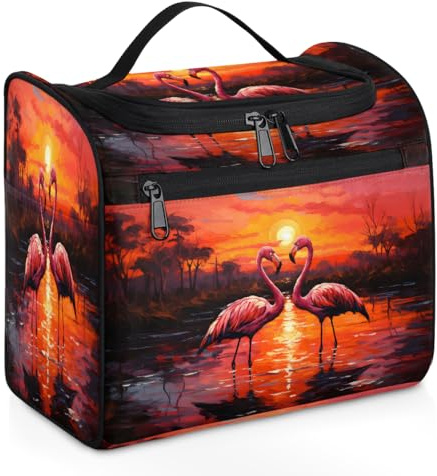Mexpekil Trousse de toilette de voyage à suspendre avec 11 compartiments, flamant rose et feuilles vertes, réaliste et résistante à l'eau, trousse de maquillage, organisateur de voyage pour