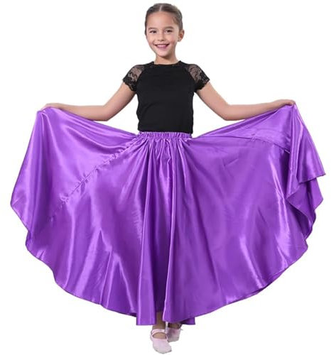 Baisdan Gonna per Danza del Ventre per Ragazze, Gonna Lunga in Raso Cerchio Completo per Danza del Ventre, Costume da Ballo Flamenco,Viola 5-7 Anni
