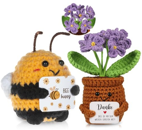 WenmthG Danke Geschenk Gestrickte Lila Blumenpuppe und Positive Pocket Hug Biene, Positive Kartoffel Deutsch Glücksbringer Kleines Dankeschön Geschenk 2 Stück