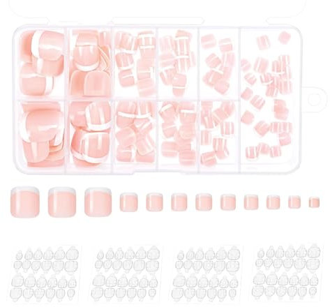 False Toenails, French Tip False Nails, 96 Pieces Short Elegant Touch Stick On Toenails, Fake Toe Nails for Women, Nail Art Decorations for Women GirlsIncludes (4 Sheets of Jelly Glue)