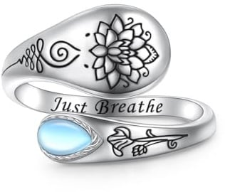 Flyow Just Breathe Lotus Ring für Damen 925 Sterling Silber Verstellbare Offener Lotusblume Ringe Inspirierender Yoga Schmuck Geschenk für Frauen Männer