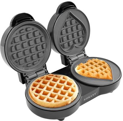 Waffeleisen, Belgisches Waffeleisen mit Antihaftbeschichtung, 1100W, Herzform + Rund Belgische Waffel, Doppelwaffeleisen mit Temperaturregelung, Gleichmäßigen Wärmeverteilung, Schwarz