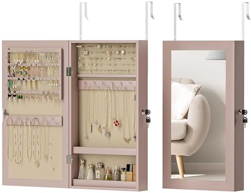 HOMCOM Miroir à bijoux mural avec serrure et plusieurs compartiments à monter au mur ou à la porte pour boucles d'oreilles, collier, anneau, bracelet rose et doublure beige