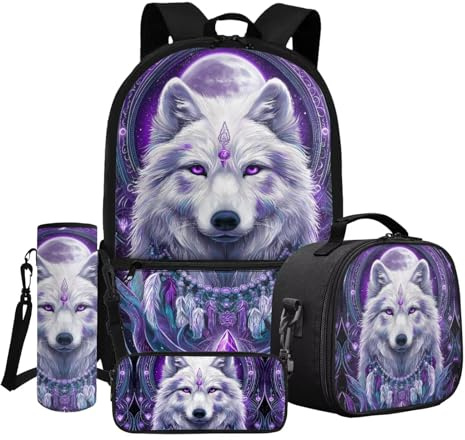 Dngkaoje 4-teiliges Schulrucksack-Set für Kinder mit Lunchbox, Federmäppchen, Wasserflaschenabdeckung, Traumfänger, weißer Wolf, L11.02xW5.12xH17.32 inches, Schulranzen-Set