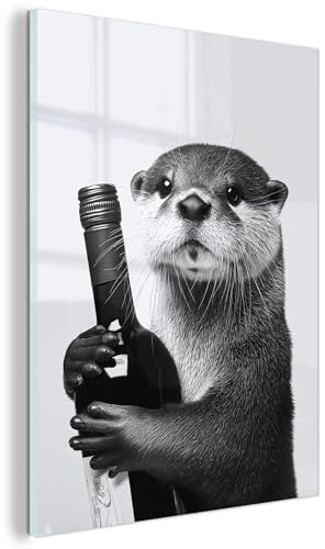 MuchoWow© Glasbild Wall Art Decoration Bilder für die Wand Schlafzimmer | 60x80 cm - Deko Canvas Painting Wanddekoration Wohnzimmer Weinflasche - Otter - Schwarz