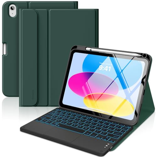 MoKo Touch Keyboard Case for iPad (A16) 11th/10th Gen,Midnight Green | 7 Colors Backlit, Multi-TrackPad, with Pencil Holder, Auto Wake/Sleep, Compatible with iPad 11 inch 2025, iPad 10.9 inch 2020