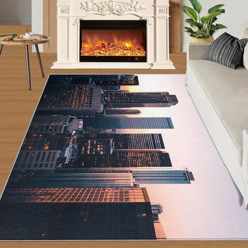 XEODIAT City Skyline Teppiche für Schlafzimmer, 50 x 80 cm, urbane Landschaft, Wohnzimmerteppich, Sonnenuntergang, rutschfest, für Esszimmer, leicht zu reinigen
