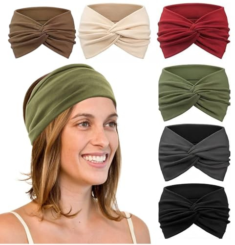 Culinavog 6 Stück Stirnband Damen, Breite Elastische Haarbänder für Frauen, Weiche Rutschfeste Stirnbänder mit Twist Design, Mehrfarbig für Yoga, Sport, Alltag