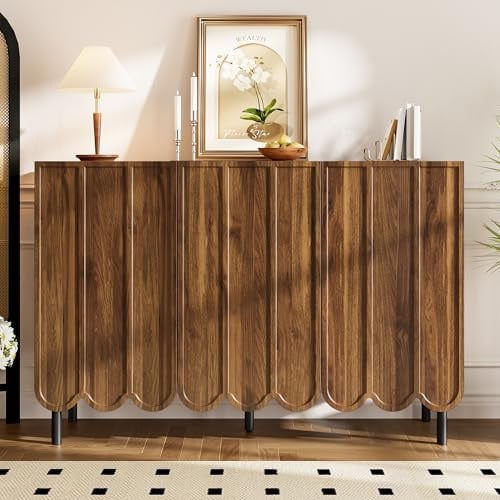 Merax Sideboard 120x35x80 cm, Kommode mit Wellentüren, grifflos, verstellbare Regale, für Wohnzimmer Esszimmer oder Flur, dunkle Holzfarbe