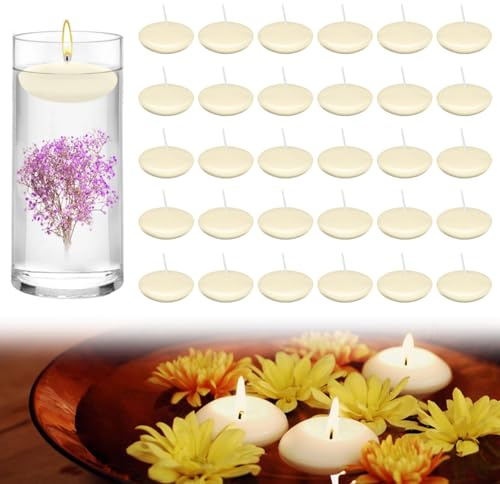 40 Stück Schwimmkerzen Weiss Wachs, 3,8 cm Schwebende Kerzen 1 Stunde Schwimmende Kerzen Weiß, Rauchfrei Floating Candles, Geruchsneutral Schwimmkerzen Klein für SPA, Abendessen (Elfenbein)