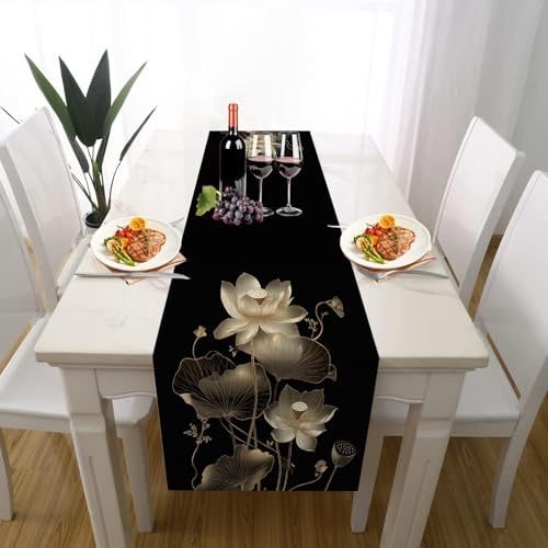 Lotus Blumen Blätter Tischläufer Outdoor Hochzeitsdeko, Vintage Östliches Zen Tischdeko Waschbar für Einschulung Deko Couchtisch Küche Esstisch Dekoration für Zuhause 30 x 180 cm