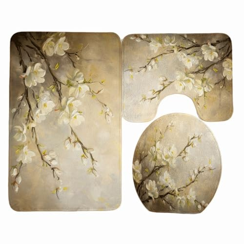 badezimmerteppich Set Beige Braune Blume Badezimmermatte WC Teppich Dekoration Schnell Trocknend Badgarnitur 3 Teilig Stand WC Deckelbezug Badvorleger rutschfest Waschbar 50x80 cm
