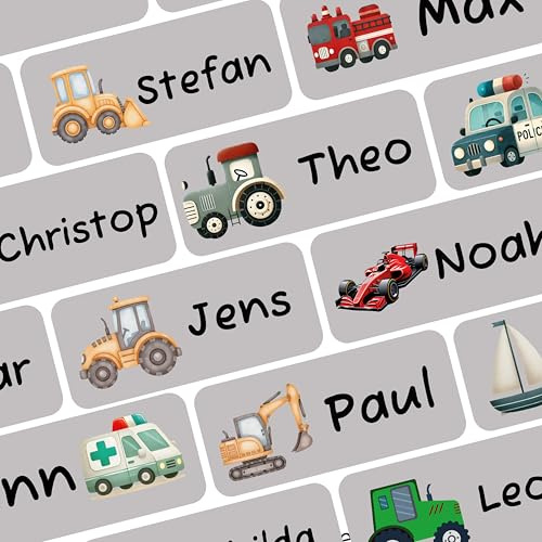 Namensaufkleber für Kinder, Kleidung & Gegenstände Namensschilder personalisiert und waschmaschinenfest, Schule und Kindergarten (Bagger und Motor, 42 Stück)