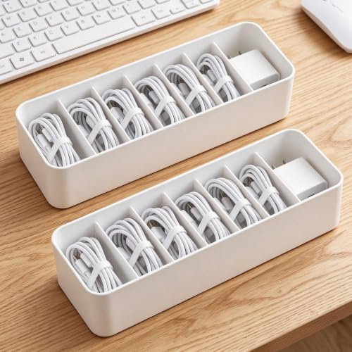 2 Cable Organiser Box with 8 Adjustable Compartments, Cable Management Box | 14 Cable Ties Included, Cable Storage Box for Desktop, Office and Home Charger, Power Strip and Wire Tidy