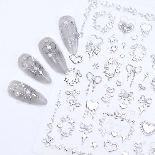 VelvetGlow Nail Art Stickers 5D Embossed Silver Bow Nail Stickers for Nail Art Romantic Heart Bow Nail Decals Silver Designs Nail Supplies for Women Girls DIY Manicure