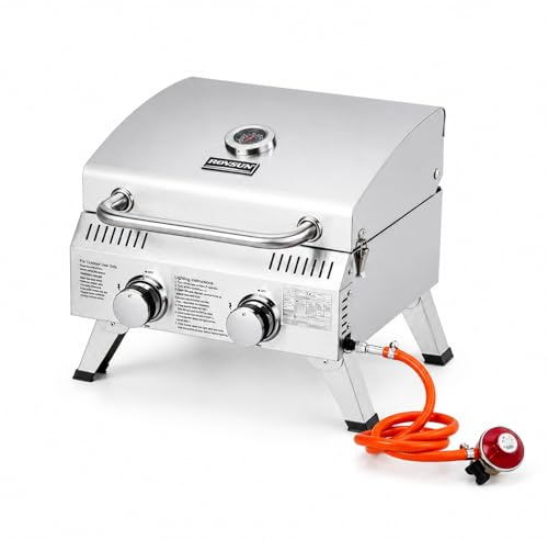ROVSUN 2 Burner Portable Tabletop Gas BBQ, 15000BTU Stainless Steel Barbecue Grill, Outdoor Grill with Lid, Thermometer & Foldable Legs, Easy Carry for Camping Home Patio Party, Silver