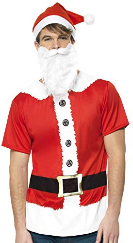 Smiffys, Herren Weihnachtsmann Kit, Bedrucktes T-Shirt, Mütze und Bart, Größe: M, 39835