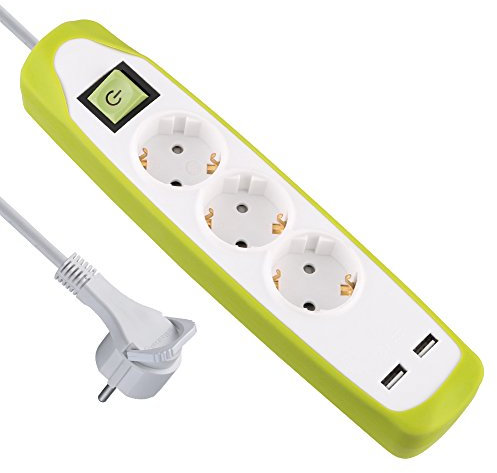 Electraline Gummy 62155 Regleta Base 3 Enchufes y 2 USB 2.1A - Cover de silicona - cable 2 m clavija plana