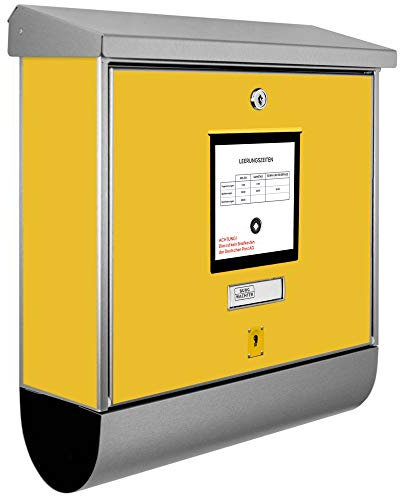 banjado® Burgwächter Briefkasten Edelstahl 38x39x12cm mit Motiv Post Gelb/Briefkasten mit Zeitungsfach/Briefkasten mit Zeitungsrolle/Postkasten inkl. Montagematerial & 2 Schlüsseln