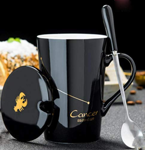 Keramikbecher 12 Sternbilder Kreative Becher Mit Löffeldeckel Schwarz Und Gold Porzellan Sternzeichen Milch Kaffeetasse Trinkgeschirr Paar Tasse, BK 2PCS Juxie