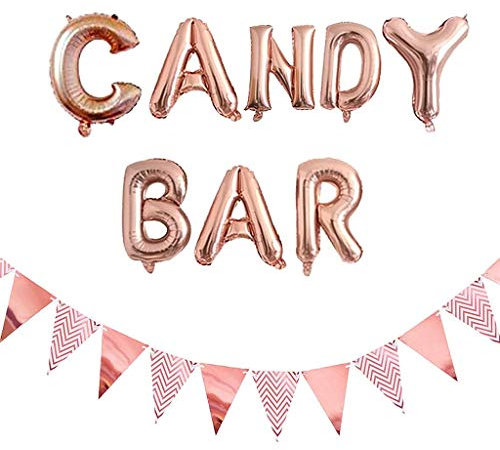 Ouceanwin Candy Bar Rosegold Zubehör, Riese Luftballon Candy Bar und 12pcs Glitter Wimpel Girlande Bunting Banner für Hochzeit Party Weihnachten Geburtstag Dekoration Event Supplies