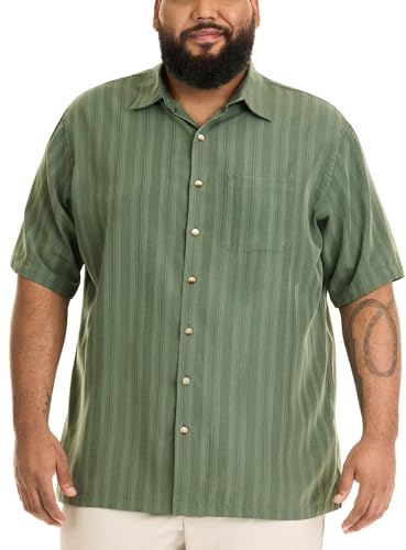 Van Heusen Men's Big and Tall Air Short Sleeve Button Down Poly Rayon Stripe Shirt, Deep Forest, L