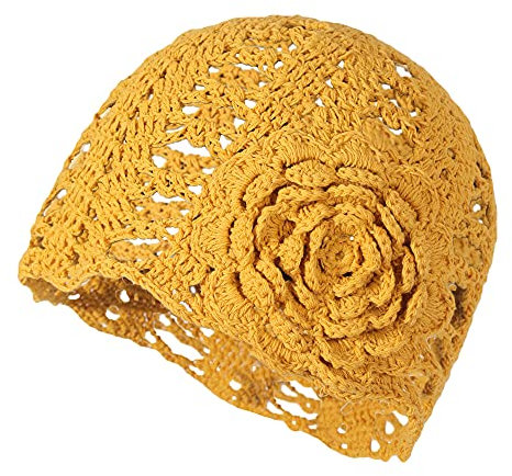 ZLYC Damen Mädchen Mütze Handgemachte Sommermütze Strickmütze, gelbe Blume, One Size