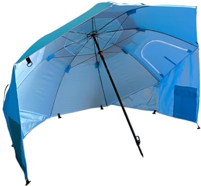 Pincho Sombrilla Playa Grande 220cm tipo tienda con proteccion solar UV50+ antiviento impermeable transpirable 3 posiciones montaje con alas y ventanas incluye piquetas tensores anclaje