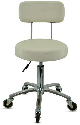 VAKON SALON - Premium Rollhocker mit Lehne in Weiß - Höhenverstellbar von 50 bis 65 cm - Rundsitz - Drehhocker Arbeitshocker Praxishocker
