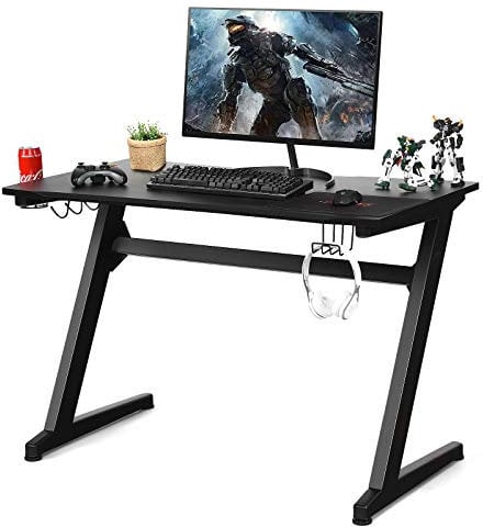 COSTWAY Gaming Computer Desk with Cup Holder, Headphone Hook and Mouse Pad, Ergonomic PC Racing Table Study Work Workstation for Home Office Bedroom (Black, Z-Shaped)
