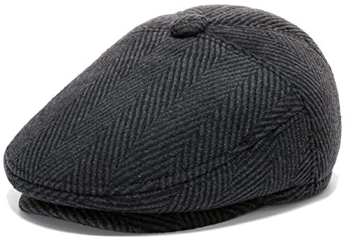 Wantonfy Schiebermütze für Herren Gatsby Schirmmütze Karierter Barett Newsboy mit Ohrenklappen Baskenmütze 1920 Stil Flatcap Retro Draussen für Herbst Winter, Dunkelgraues Fischgrätmuster,58
