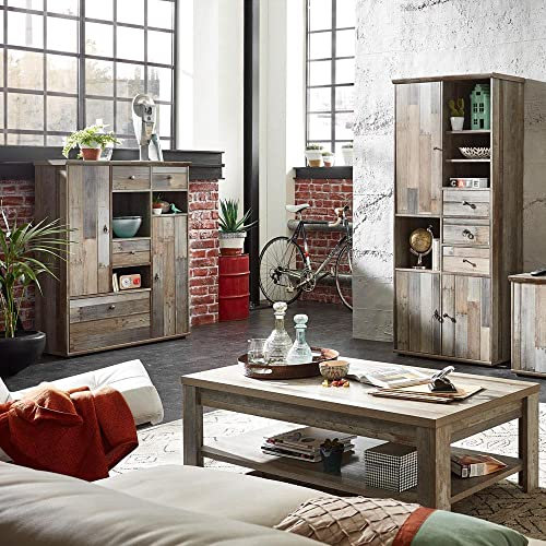 Lomadox Vintage Wohnzimmerset mit Highboard Hochschrank & Couchtisch Driftwood 3tlg