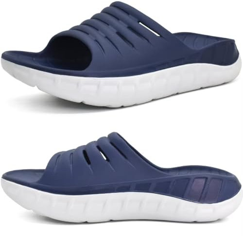 KuaiLu Sandalias de Recuperación Hombre Comodas Ortopedicas Fascitis Plantar Chanclas Caballero Soportes de Arco Ligera Abierta Deportivas Chancletas Verano Playa Piscina Goma Azul Blanco EU42