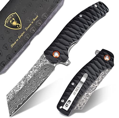 AUBEY Damast Taschenmesser Klappmesser mit Damaststahl Klinge, Aluminium Griff, Geschenkbox- Scharfes Einhandmesser mit Clip, für Männer EDC Outdoor Sammeln