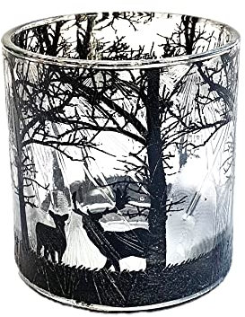 Glas-TEELICHT Windlicht Teelichtglas Kerzenglas Waldszene Weihnacht Silhouette, Relief, schwarz weiß, gefrostet 7 x 8 cm
