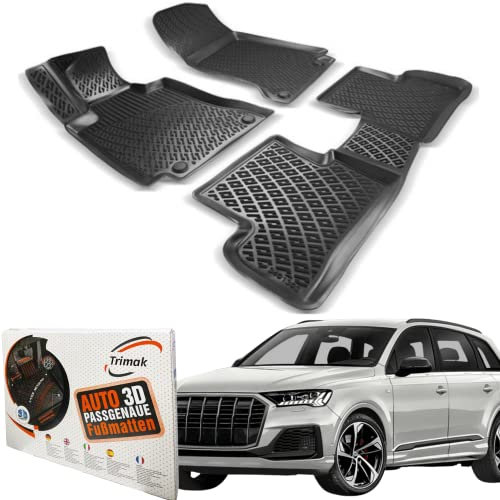 Trimak Passgenau 3D Fussmatten Auto Kompatibel mit Audi Q7 4M & 4M e-tron 2015-2024 Auto Zubehör 1. Und 2. Reihe Gummimatten Autos TPE Allwetter Geruchlos rutschfest Vorne und Hinten Schwartz
