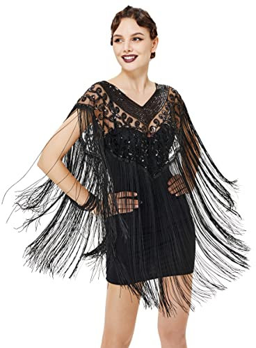 BABEYOND 1920er Jahre Schal Wraps Langer Fransen Abendumhang Pailletten Party Schal, schwarz, Einheitsgröße